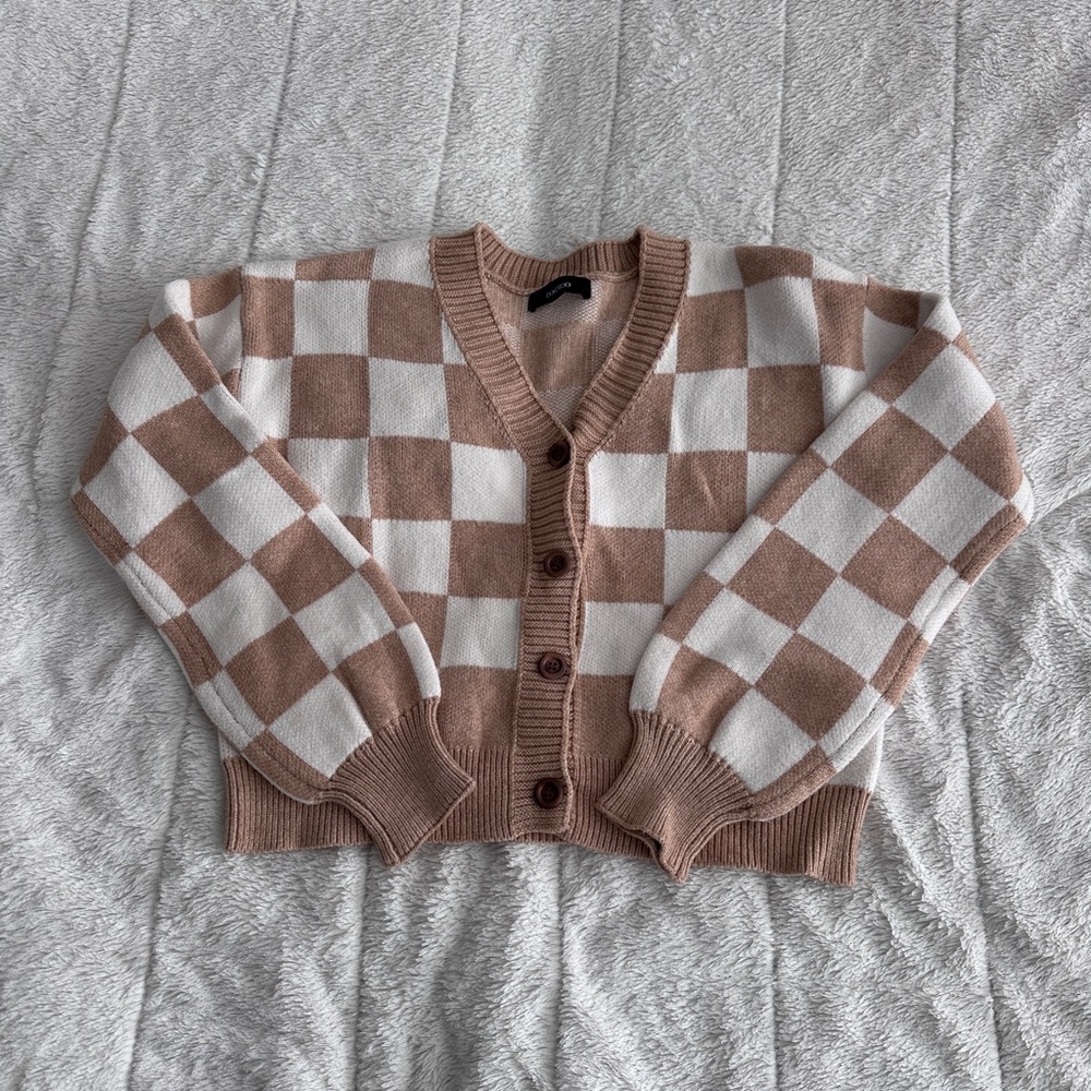 Cropped Checkered V-Neck Cardigan Sweater - S/M